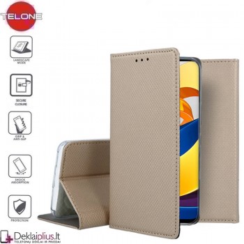 Telone atverčiamas dėklas - auksinės spalvos (telefonui Xiaomi Poco M4 Pro 5G)
